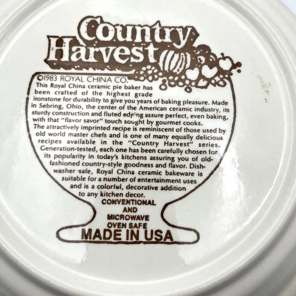 Vintage 1983 Royal China Country Harvest Apple Pie Recipe Baking Pie Plate USA